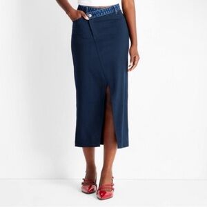 Future Collective Women's Contrasting Denim Ankle Skirt Navy Blue Size L